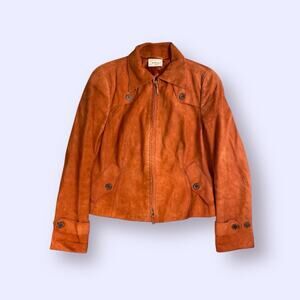 AKRIS Punto Orange Lamb Goat Leather Blazer Moto Zip Up Jacket Size 10 US